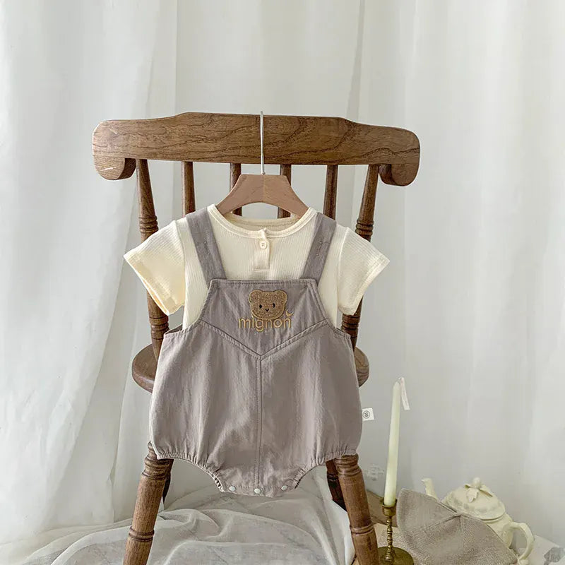 ロンパースセットアップ Grey / 66cm ベビーセットアップ 2点セット 半袖Tシャツ+サスペンダーロンパース オーバーオール ベアくまワッペン 2カラー【mh0004491】