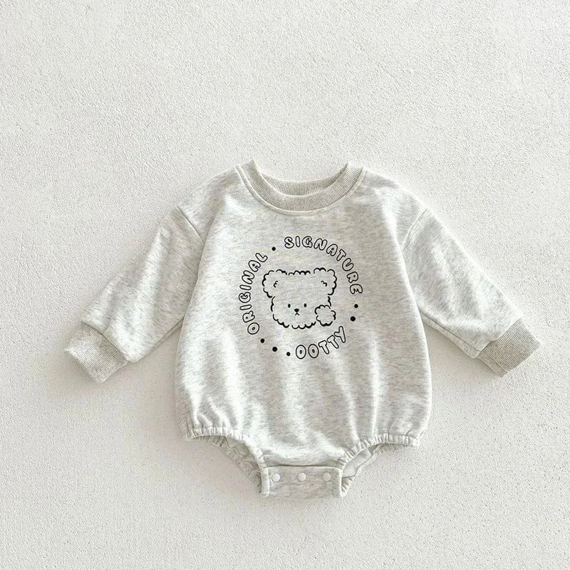 長袖ロンパース grey / 66cm ベビーロンパース 長袖ボディスーツ ベアくまプリント 3カラー