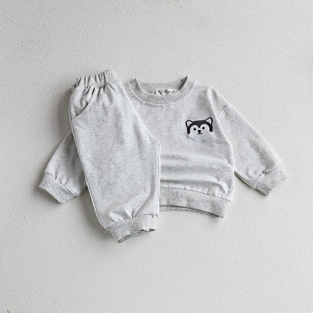 長袖セットアップ grey / 66cm / 取り寄せ（7〜21日） ベビー キッズ セットアップ アニマル ワッペン スウェットシャツ パンツ 3カラー ユニセックス