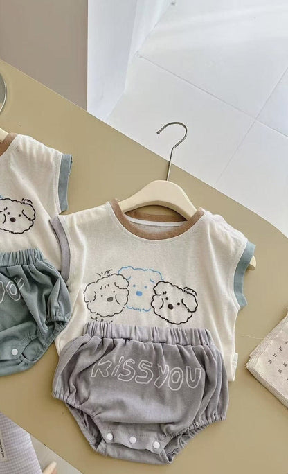 ノースリーブセットアップ Grey / 66cm cartoon pattern vest sleeveless bag pants suit【mh0009525】