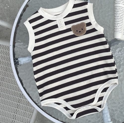 ノースリーブロンパース Grey / 6M/66cm ベビー ワッフル ボーダー くま ベア ワッペン ノースリーブ ロンパース 4カラー ユニセックス【mh0002070】