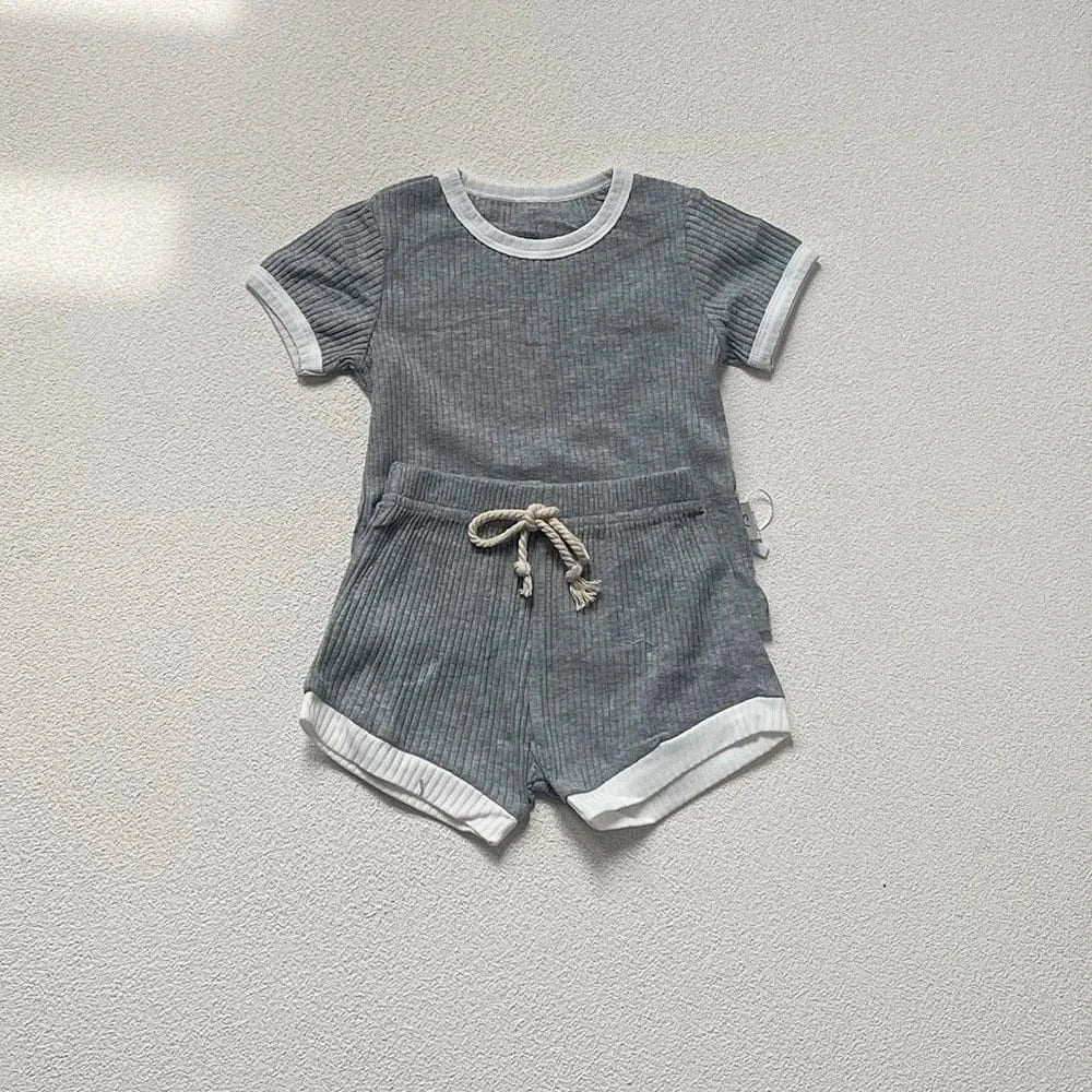 半袖セットアップ grey / 73cm ベビーセットアップ 2点セット 半袖Tシャツ+ショートパンツ シンプルベーシック 無地/ボーダー 5カラー