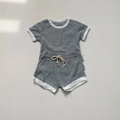 半袖セットアップ grey / 73cm ベビーセットアップ 2点セット 半袖Tシャツ+ショートパンツ シンプルベーシック 無地/ボーダー 5カラー