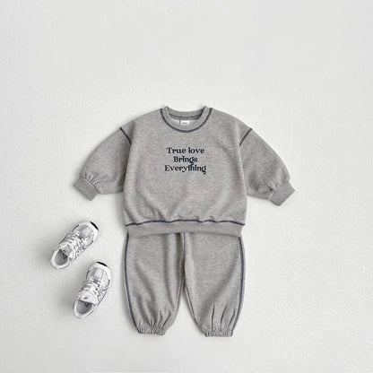 長袖セットアップ Grey / 73cm 6-9M ベビーキッズセットアップ 2点セット ステッチアクセントレターロゴ刺繍長袖スウェットシャツ+ルーズスウェットパンツ 3カラー【mh0007253】