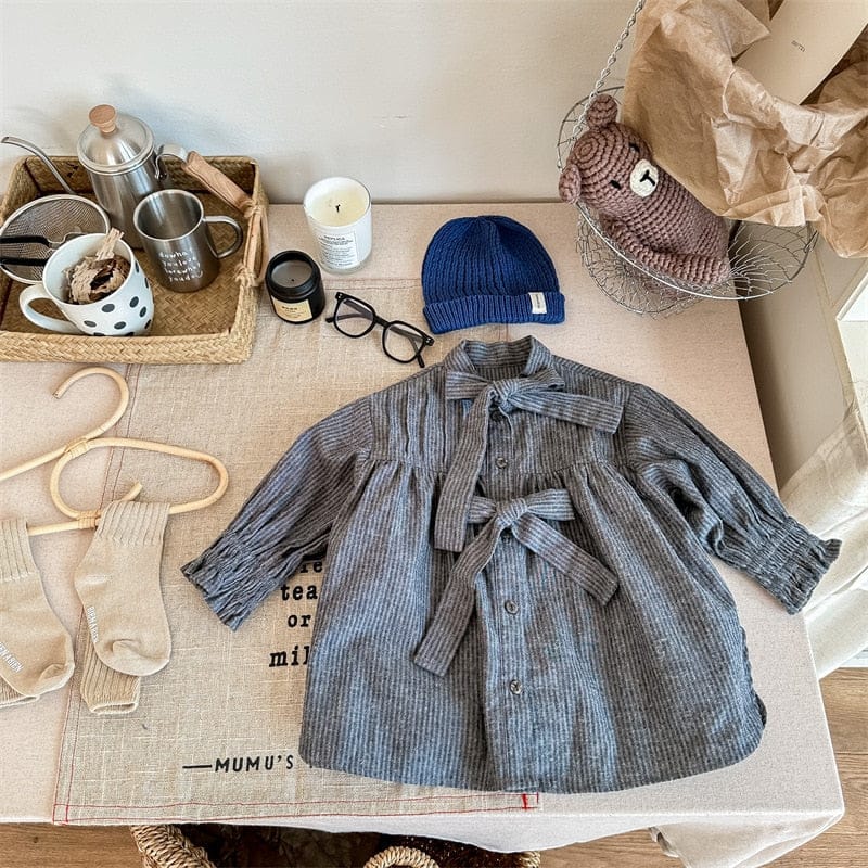 ショートコート・ジャケット・ジャンパー grey / 80cm キッズ ストライプ ピンタック リボン ルーズ 長袖 ブラウス シャツ ジャケット ガールズ