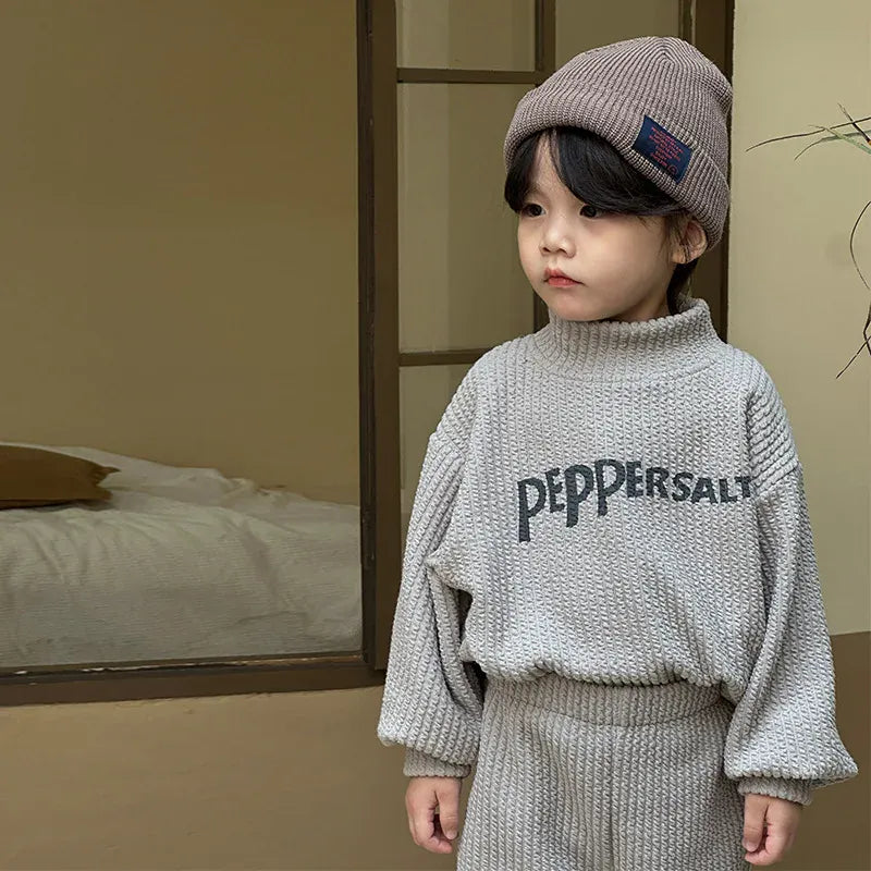 長袖セットアップ grey / 80cm キッズセットアップ 2点セット レターロゴプリント 長袖ハイネックスウェットシャツ ルーズパンツ