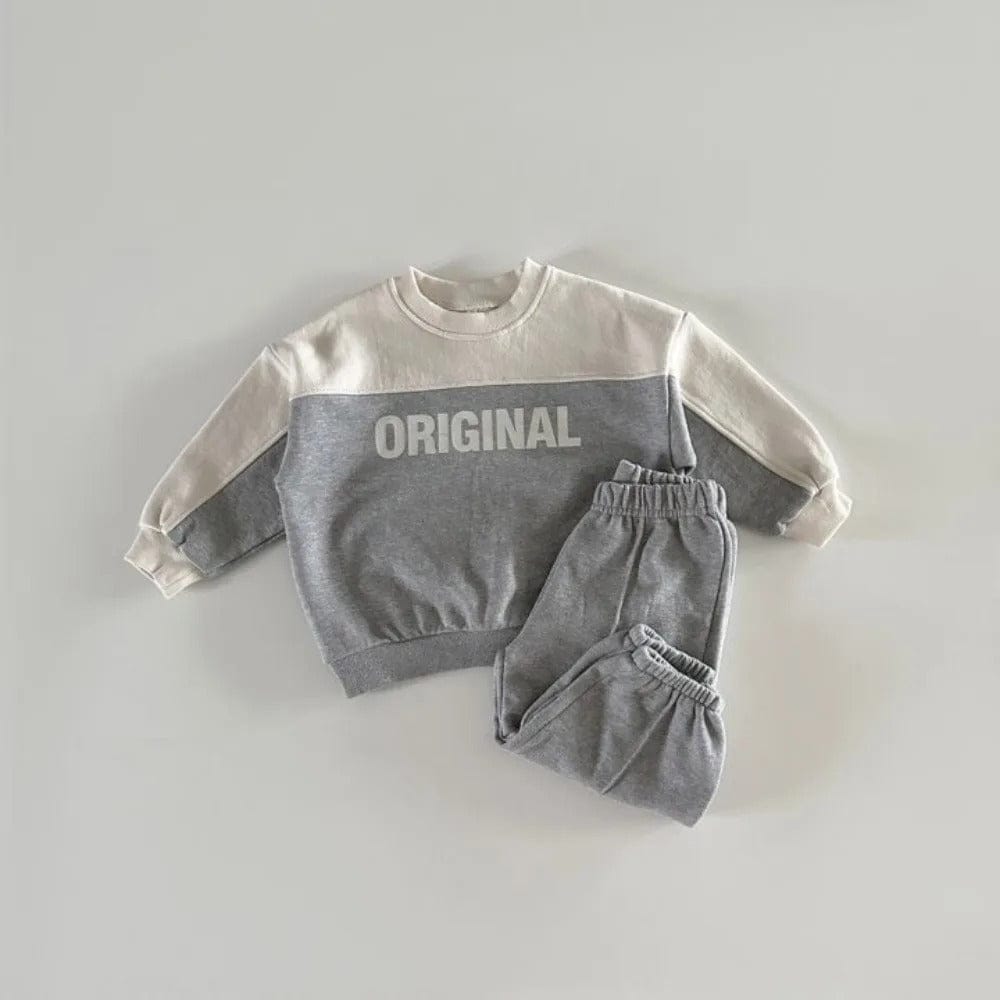 長袖セットアップ Grey / 80cm 9-12M キッズセットアップ 2点セット レターロゴプリントパッチワーク長袖スウェットシャツ+スウェットロングパンツ 2カラー【mh0007507】