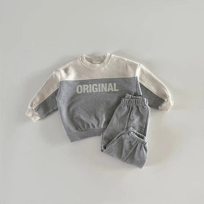 長袖セットアップ Grey / 80cm 9-12M キッズセットアップ 2点セット レターロゴプリントパッチワーク長袖スウェットシャツ+スウェットロングパンツ 2カラー【mh0007507】