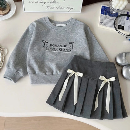 長袖セットアップ Grey / 90cm 1-2y キッズセットアップ 2点セット リボンロゴプリント長袖スウェットシャツ+ダブルリボンプリーツスカート【mh0007649】