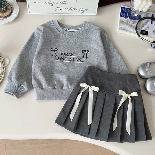 長袖セットアップ Grey / 90cm 1-2y キッズセットアップ 2点セット リボンロゴプリント長袖スウェットシャツ+ダブルリボンプリーツスカート【mh0007649】