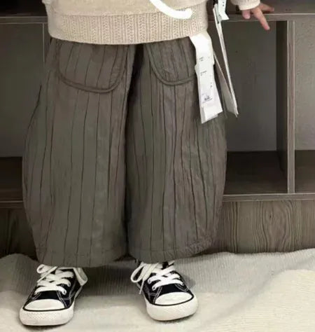 ロングパンツ・スウェットパンツ Grey / 90cm 1-2y キッズパンツ 裏フリースストライプワイドルーズ防寒ロングパンツ 3カラー【mh0007553】