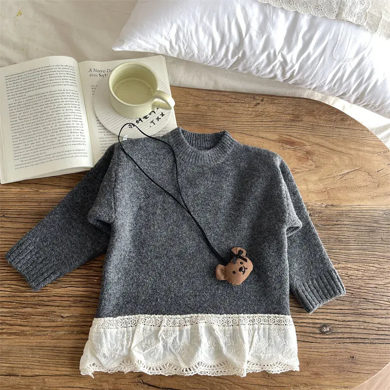 ニット・セーター Grey / 90cm 24M キッズトップス ペプラムレースドッキングハイネック長袖ニットセーター【mh0008447】