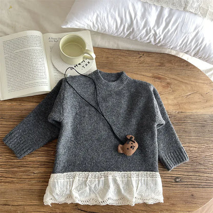 ニット・セーター Grey / 90cm 24M キッズトップス ペプラムレースドッキングハイネック長袖ニットセーター【mh0008447】