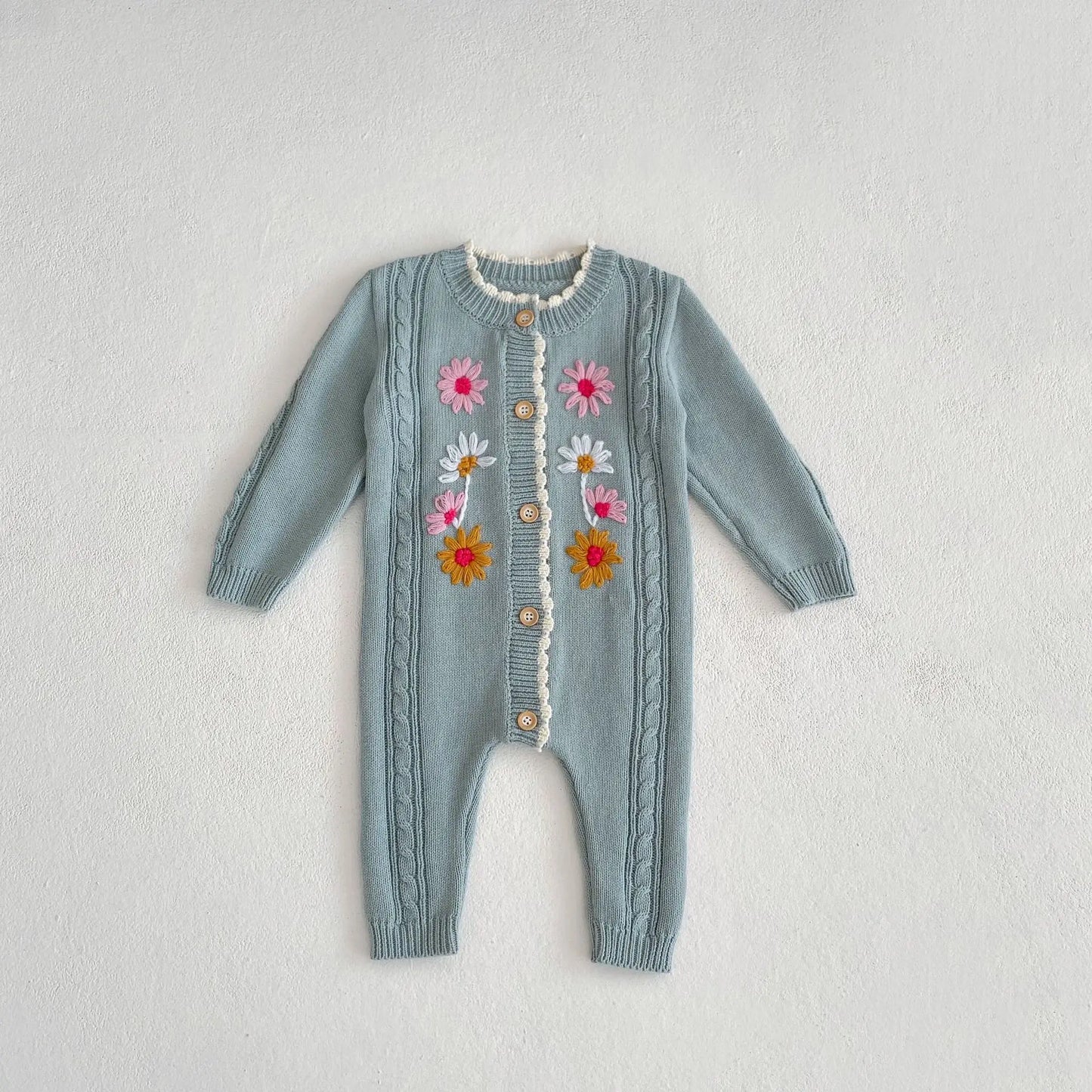 長袖ロンパース grey blue / 66cm ベビージャンプスーツ ニット長袖ロンパース フラワー花柄刺繍 ベージュ/ブルーグレー/2カラー