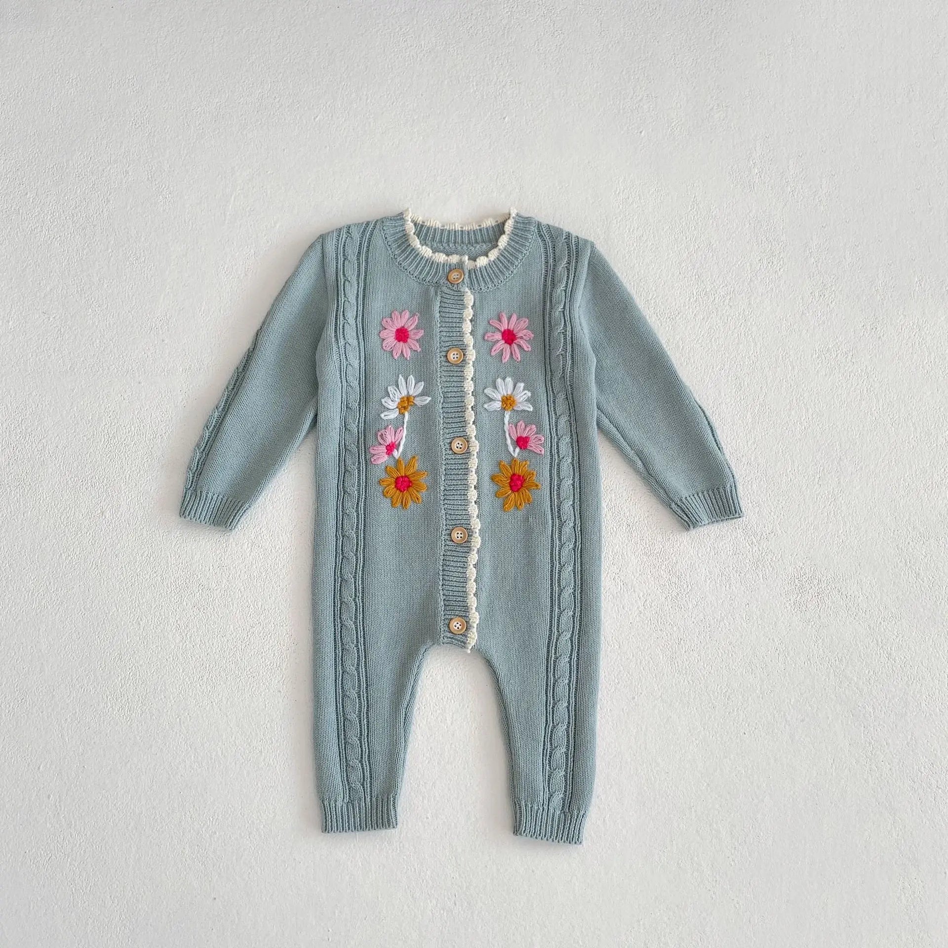 長袖ロンパース grey blue / 66cm ベビージャンプスーツ ニット長袖ロンパース フラワー花柄刺繍 ベージュ/ブルーグレー/2カラー