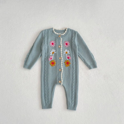長袖ロンパース grey blue / 66cm ベビージャンプスーツ ニット長袖ロンパース フラワー花柄刺繍 ベージュ/ブルーグレー/2カラー
