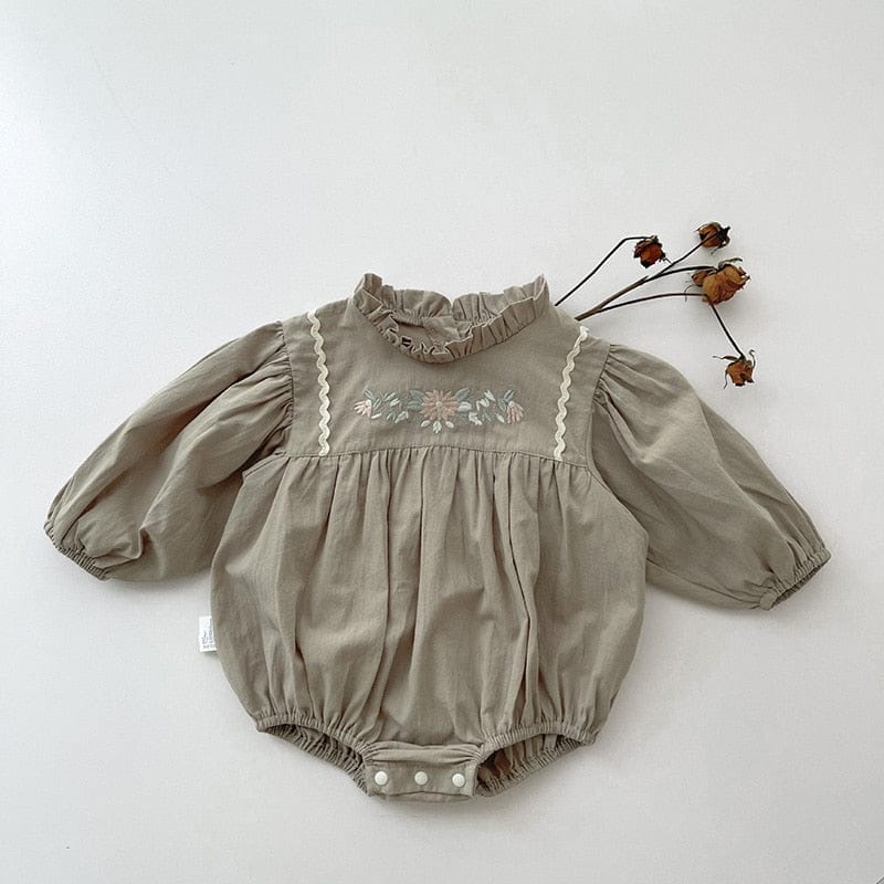 長袖ロンパース grey green / 66cm ベビー 長袖ロンパース フラワー 花柄 刺繍 フリル スタンドカラー グレーグリーン ガールズ 女の子 子供服