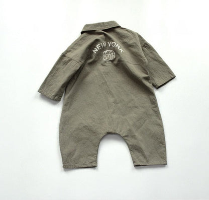 長袖ジャンプスーツ grey green / 80cm キッズ コットンリネン 長袖 ジャンプスーツ つなぎ