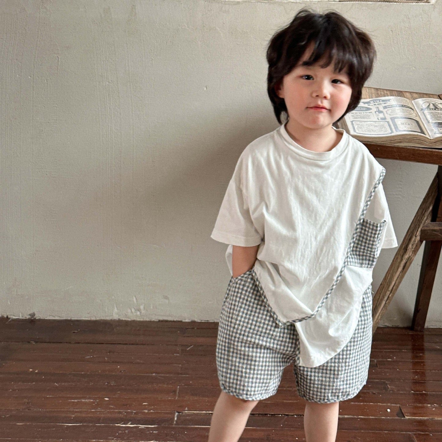 半袖セットアップ Grey Plaid / 12M/80cm キッズ セットアップ チェック 半袖 アシメ デザイン Tシャツ ショートパンツ カーキ グレー ユニセックス 5729C