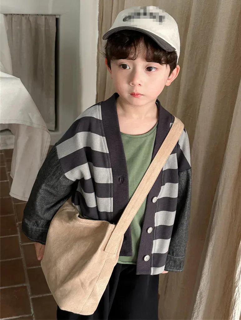 カーディガン・パーカー grey stripe / 80cm キッズカーディガン ドッキングジャケット ボーダー パッチワーク 2カラー