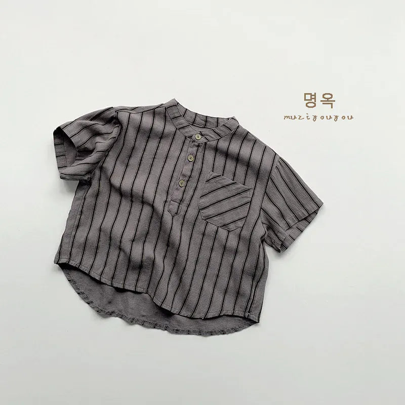 半袖シャツ・ブラウス grey stripe / 80cm 9-12m キッズトップス 半袖シャツ ストライプ ノーカラー 2カラー