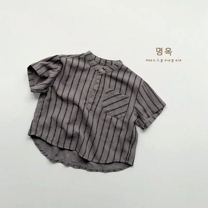 半袖シャツ・ブラウス grey stripe / 80cm 9-12m キッズトップス 半袖シャツ ストライプ ノーカラー 2カラー