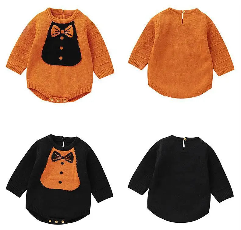 長袖ロンパース ベビーロンパース 蝶ネクタイ柄ニット長袖ボディスーツ ハロウィンHalloween 👻 2カラー