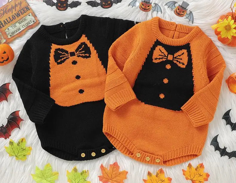 長袖ロンパース ベビーロンパース 蝶ネクタイ柄ニット長袖ボディスーツ ハロウィンHalloween 👻 2カラー
