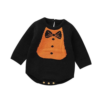 長袖ロンパース ベビーロンパース 蝶ネクタイ柄ニット長袖ボディスーツ ハロウィンHalloween 👻 2カラー