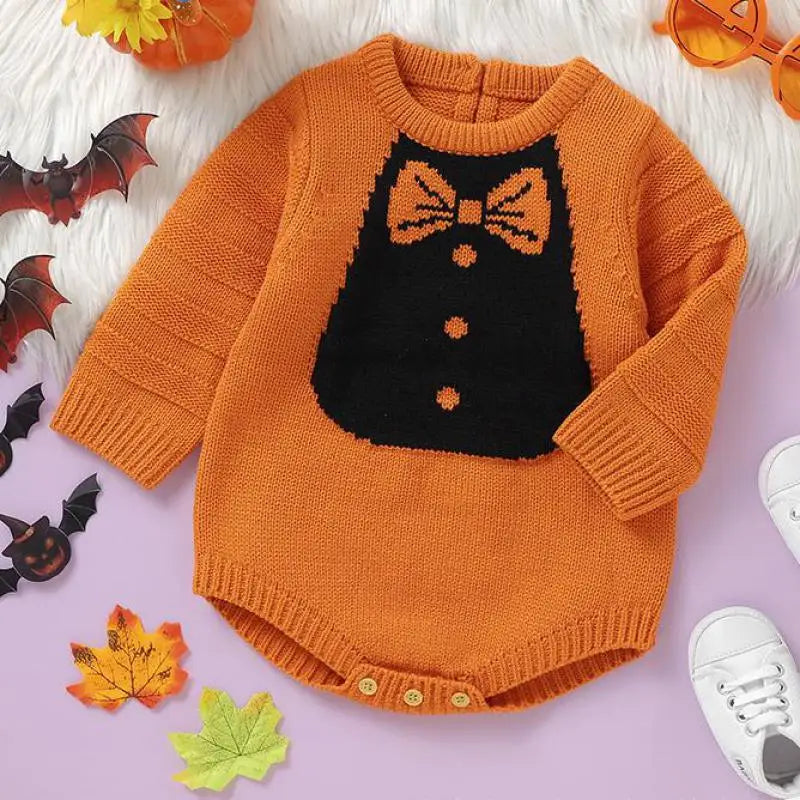 長袖ロンパース ベビーロンパース 蝶ネクタイ柄ニット長袖ボディスーツ ハロウィンHalloween 👻 2カラー