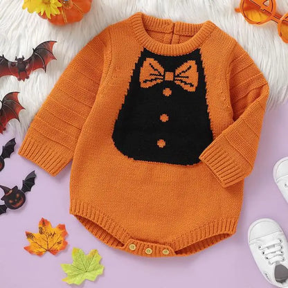 長袖ロンパース ベビーロンパース 蝶ネクタイ柄ニット長袖ボディスーツ ハロウィンHalloween 👻 2カラー