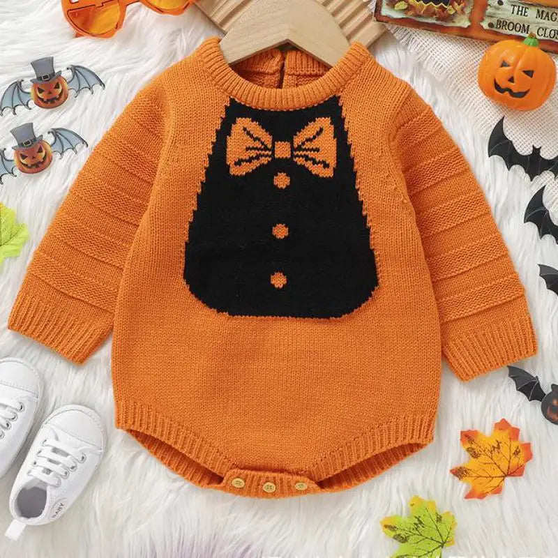長袖ロンパース ベビーロンパース 蝶ネクタイ柄ニット長袖ボディスーツ ハロウィンHalloween 👻 2カラー