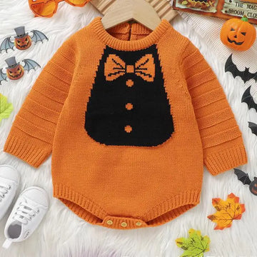 長袖ロンパース ベビーロンパース 蝶ネクタイ柄ニット長袖ボディスーツ ハロウィンHalloween 👻 2カラー