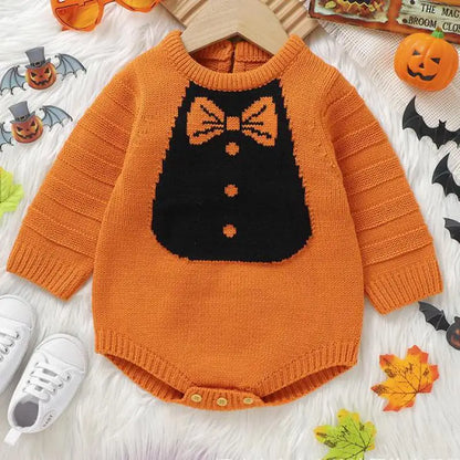 長袖ロンパース ベビーロンパース 蝶ネクタイ柄ニット長袖ボディスーツ ハロウィンHalloween 👻 2カラー