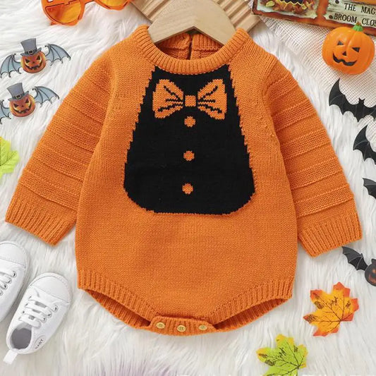長袖ロンパース ベビーロンパース 蝶ネクタイ柄ニット長袖ボディスーツ ハロウィンHalloween 👻 2カラー