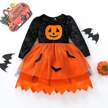 長袖ワンピース キッズコスチューム ハロウィンかぼちゃパンプキン長袖ドレスワンピース Halloween 👻【mh0007346】