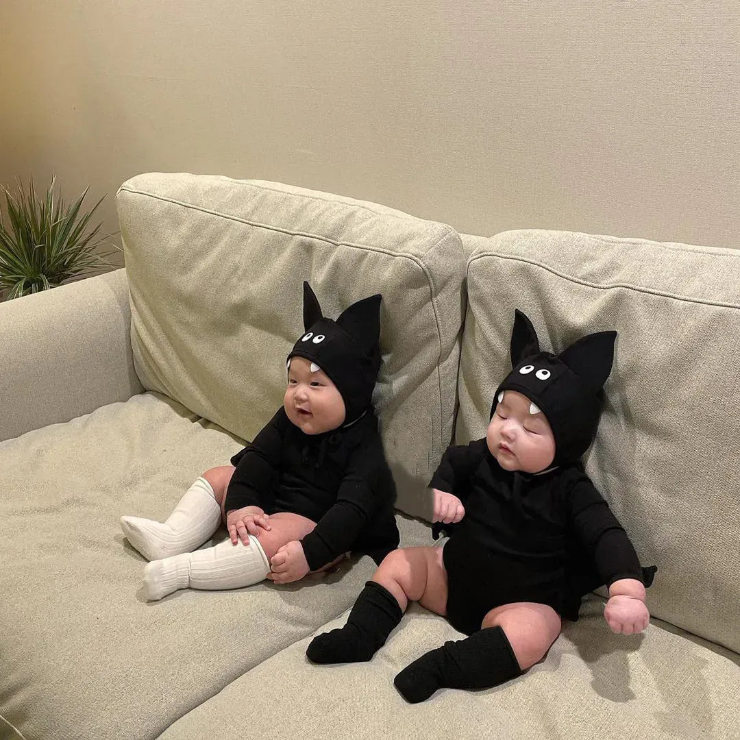 長袖セットアップ ベビーコスチューム ハロウィンバットスリーブコウモリロンパース/トップス+パンツ 帽子セット Halloween 👻【mh0007358】