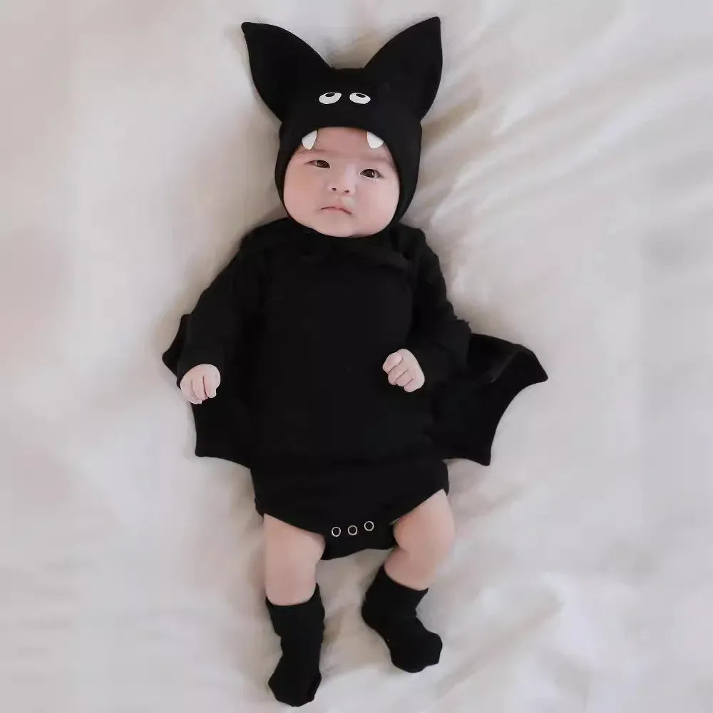 長袖セットアップ ベビーコスチューム ハロウィンバットスリーブコウモリロンパース/トップス+パンツ 帽子セット Halloween 👻【mh0007358】
