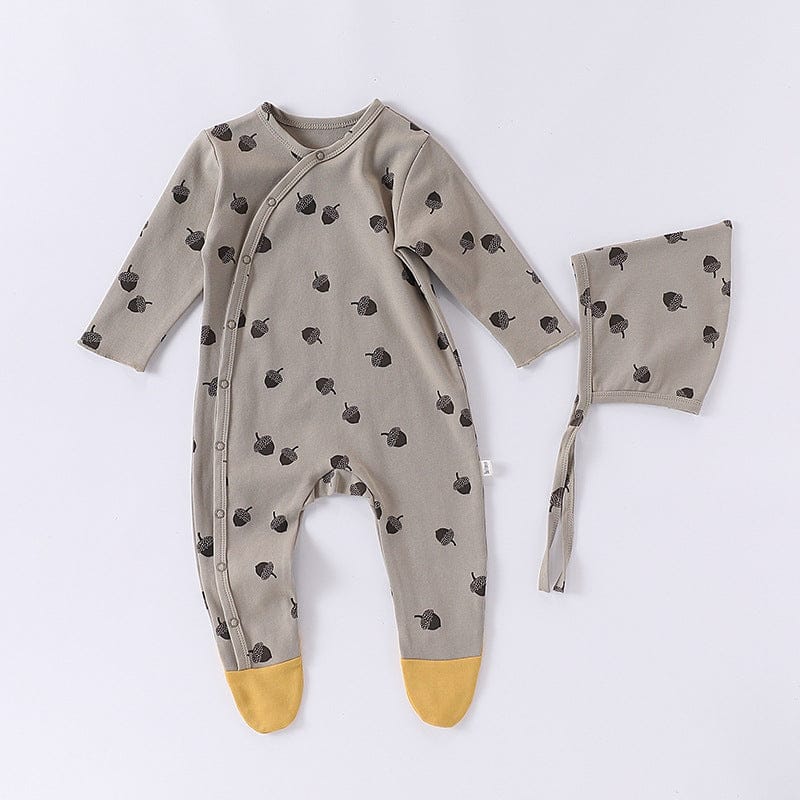 長袖ロンパース Hazelnut Jumpsuit / 66cm どんぐり/梨/りんご足付き長袖肌着ロンパース+ボンネット帽子セット【mh0010743】