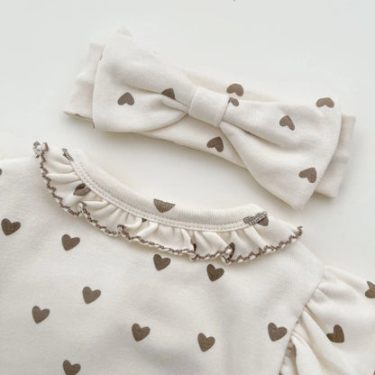 長袖パジャマ Heart / 6M  66CM ベビーパジャマセット 長袖ショルダーフリルTシャツ+ロングパンツ+ヘアバンド ハートプリント【mh0006354】