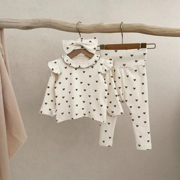 長袖パジャマ Heart / 6M  66CM ベビーパジャマセット 長袖ショルダーフリルTシャツ+ロングパンツ+ヘアバンド ハートプリント【mh0006354】