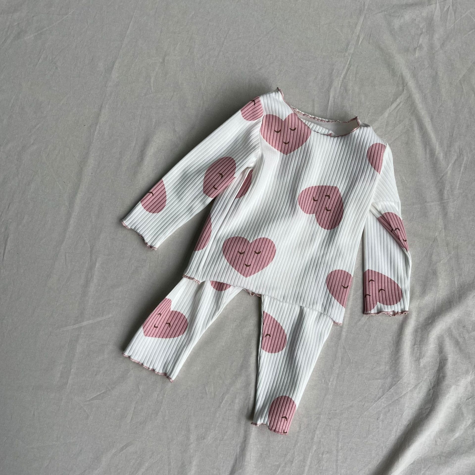 長袖パジャマ Heart / 73cm ベビーセットアップ 2点セット 長袖パジャマセット 水玉/ハートプリントリブ長袖Tシャツ+ロングパンツ【mh0009180】
