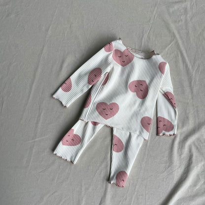 長袖パジャマ Heart / 73cm ベビーセットアップ 2点セット 長袖パジャマセット 水玉/ハートプリントリブ長袖Tシャツ+ロングパンツ【mh0009180】