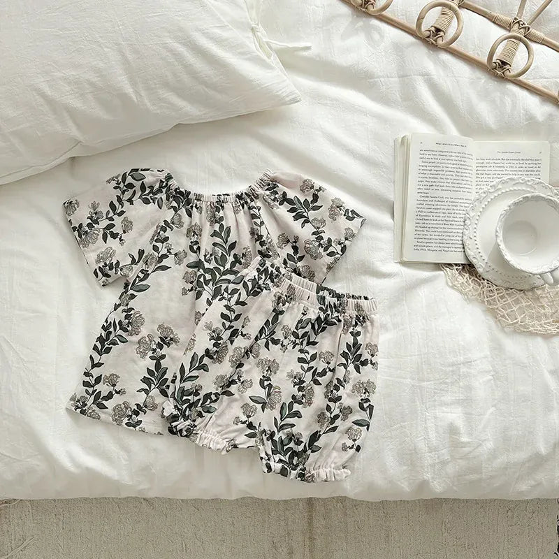 半袖セットアップ honeysuckle / 80cm キッズセットアップ 2点セット ダブルガーゼ 半袖スモックブラウス+バルーンショートパンツ ボタニカルプリント ルームウェア 4カラー【mh0004895】