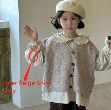 長袖セットアップ inner beige shirt / 90cm 1-2y キッズトップス/ベスト/パンツ フリル襟長袖ブラウス/フラワーエンボスレースニットジレベスト/フラワープリントワイドパンツ【mh0007362】