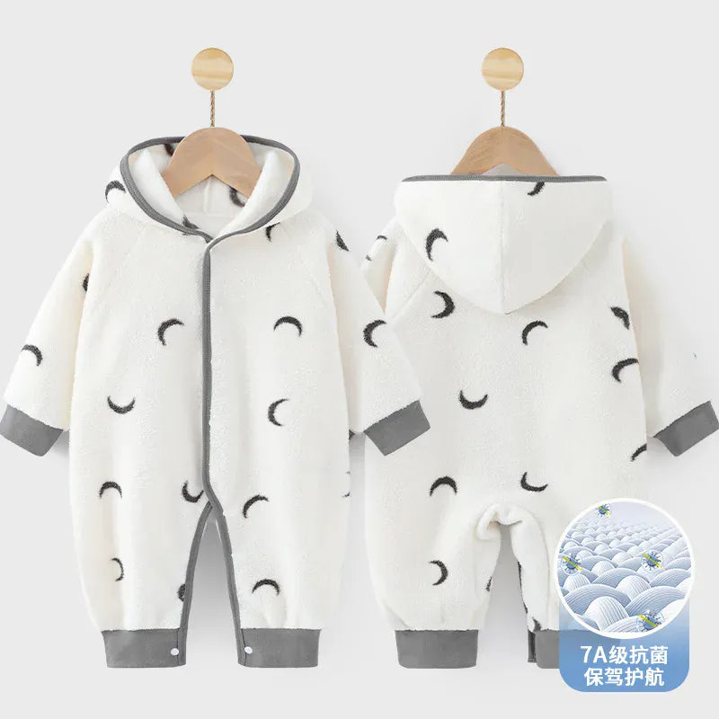 アウタージャンプスーツ Ivory / 0-6M 66cm ベビーアウタージャンプスーツ フリースプリントフーディ長袖ロンパース【mh0007883】