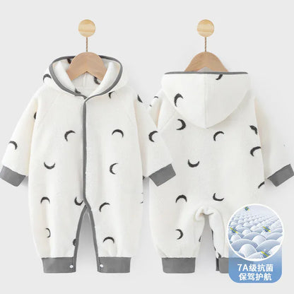 アウタージャンプスーツ Ivory / 0-6M 66cm ベビーアウタージャンプスーツ フリースプリントフーディ長袖ロンパース【mh0007883】