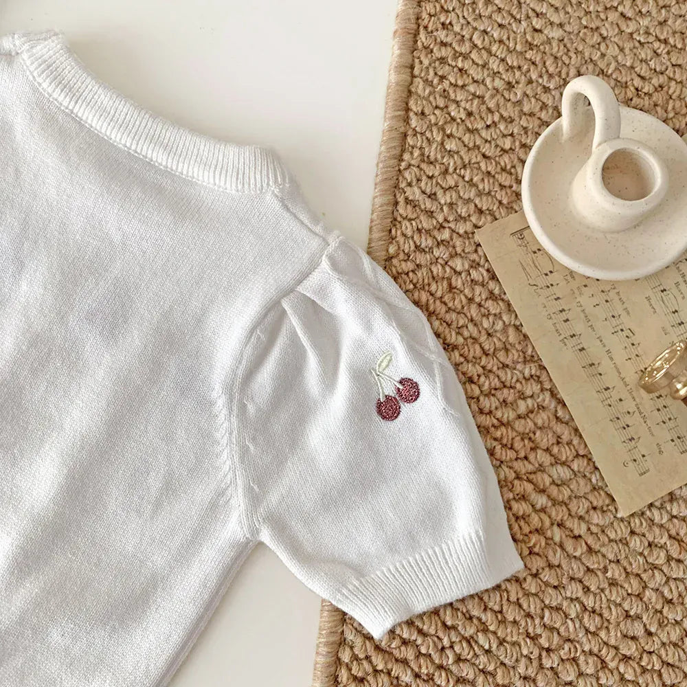 ニット・セーター Ivory / 73cm ベビーキッズトップス サマーニット 半袖サマーセーター チェリー さくらんぼ 刺繍 2カラー
