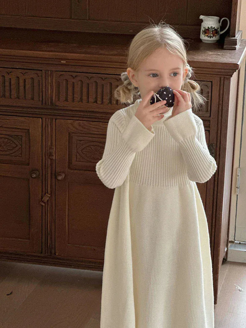 長袖ワンピース Ivory / 90cm キッズワンピース レトロシンプルニット長袖ベルスリーブワンピース【mh0007903】