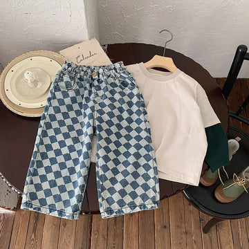 デニムパンツ jeans / 90cm キッズパンツ デニムパンツ ジーンズ ダイヤチェック ルーズワイドストレート ジーパン